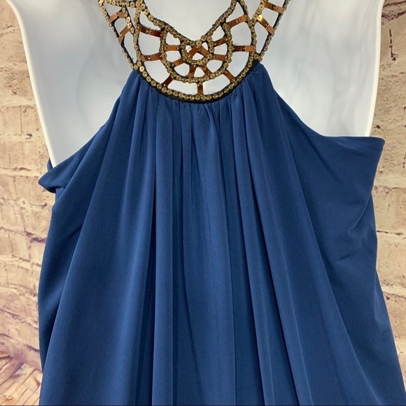 BCBGMAXAZRIA Blue Sequin Embellished Cut Out Neck Sleeveless Mini Dress - Picture 10 of 14